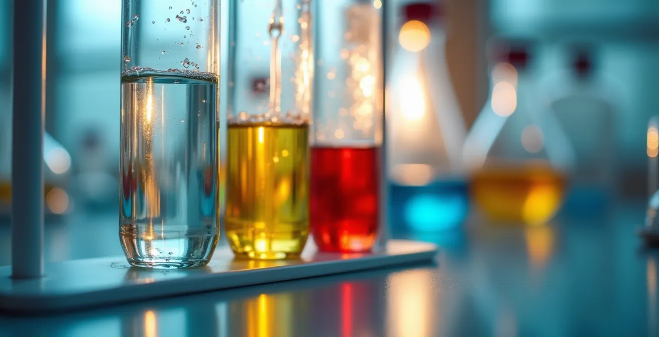 Gros plan sur trois éprouvettes contenant des liquides de densités différentes représentant les types de masses corporelles