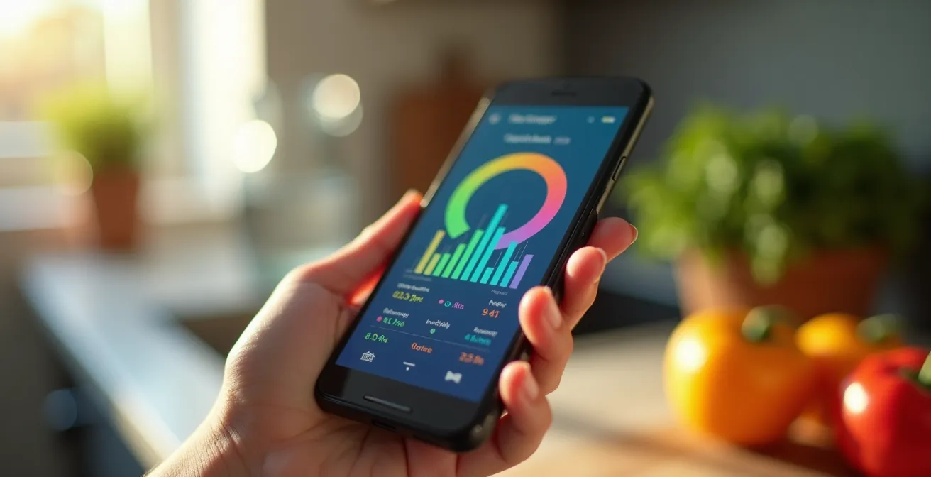 Main tenant un smartphone montrant des graphiques de composition corporelle avec des fruits frais en arrière-plan