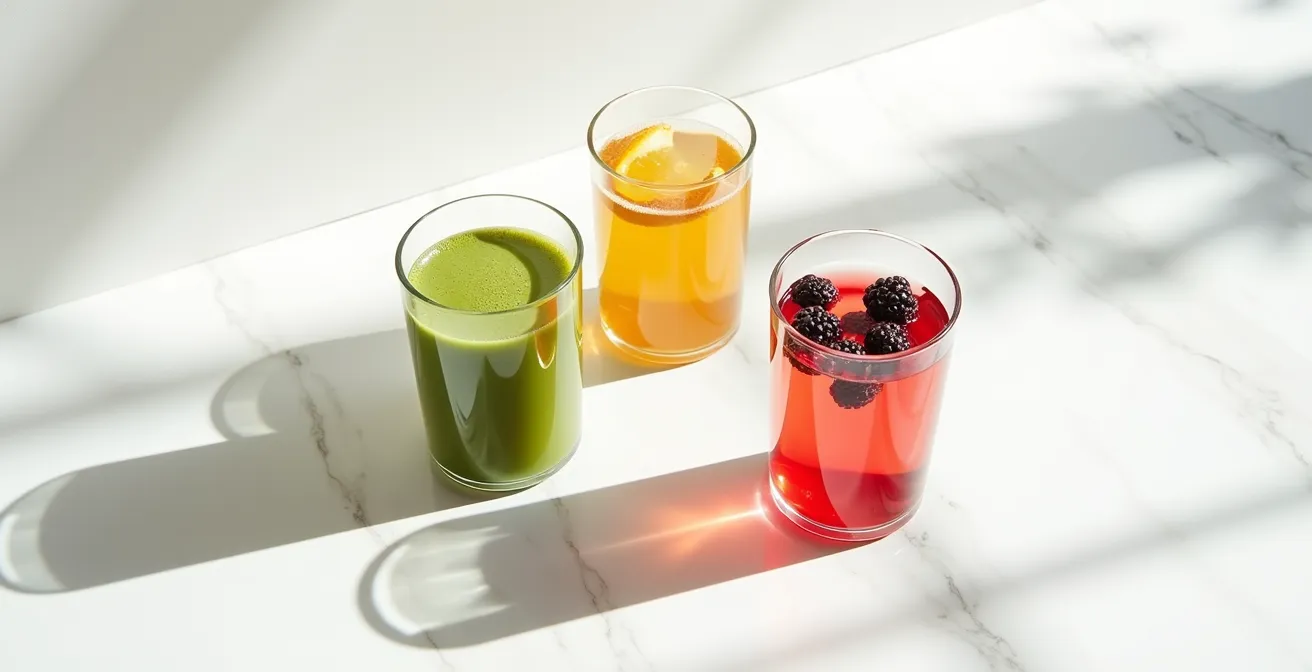 Vue aérienne de trois verres de boissons détox de couleurs différentes disposés en triangle