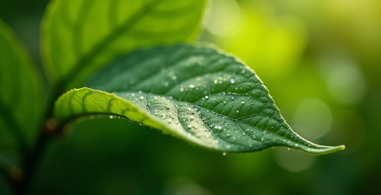 Détail macro de feuilles de thé bio montrant la richesse en composés actifs