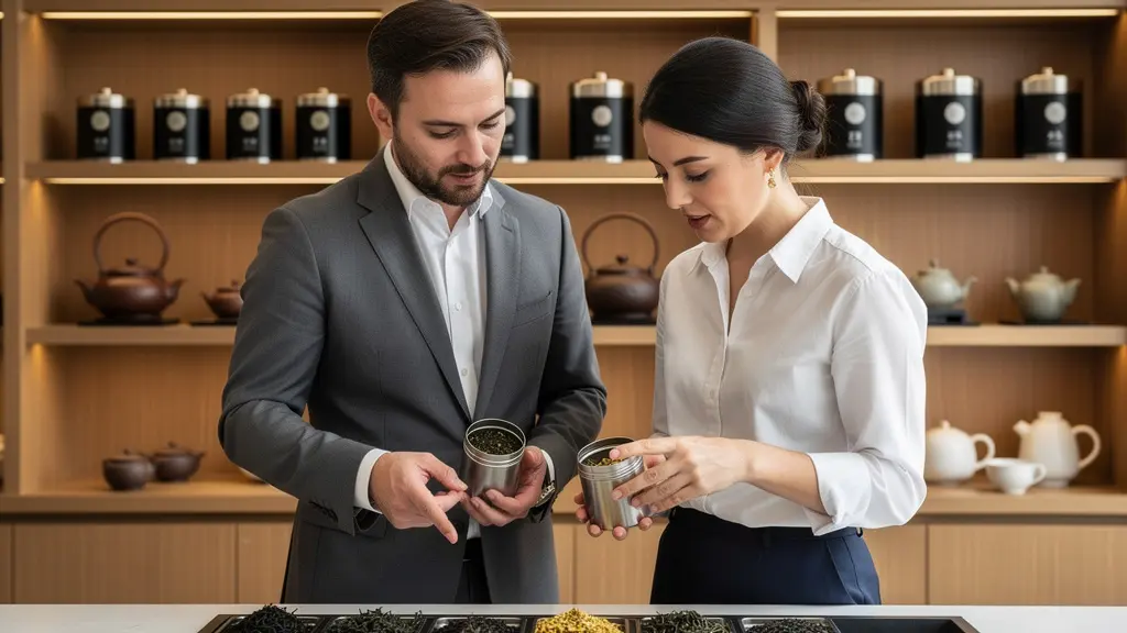 Tea Master présentant des échantillons de thé premium à un professionnel hôtelier