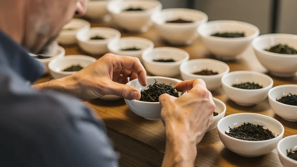 Expert thé examinant plusieurs échantillons lors d'une dégustation professionnelle