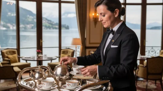 Service thé élégant préparé dans le salon d'un palace suisse avec vue sur le lac